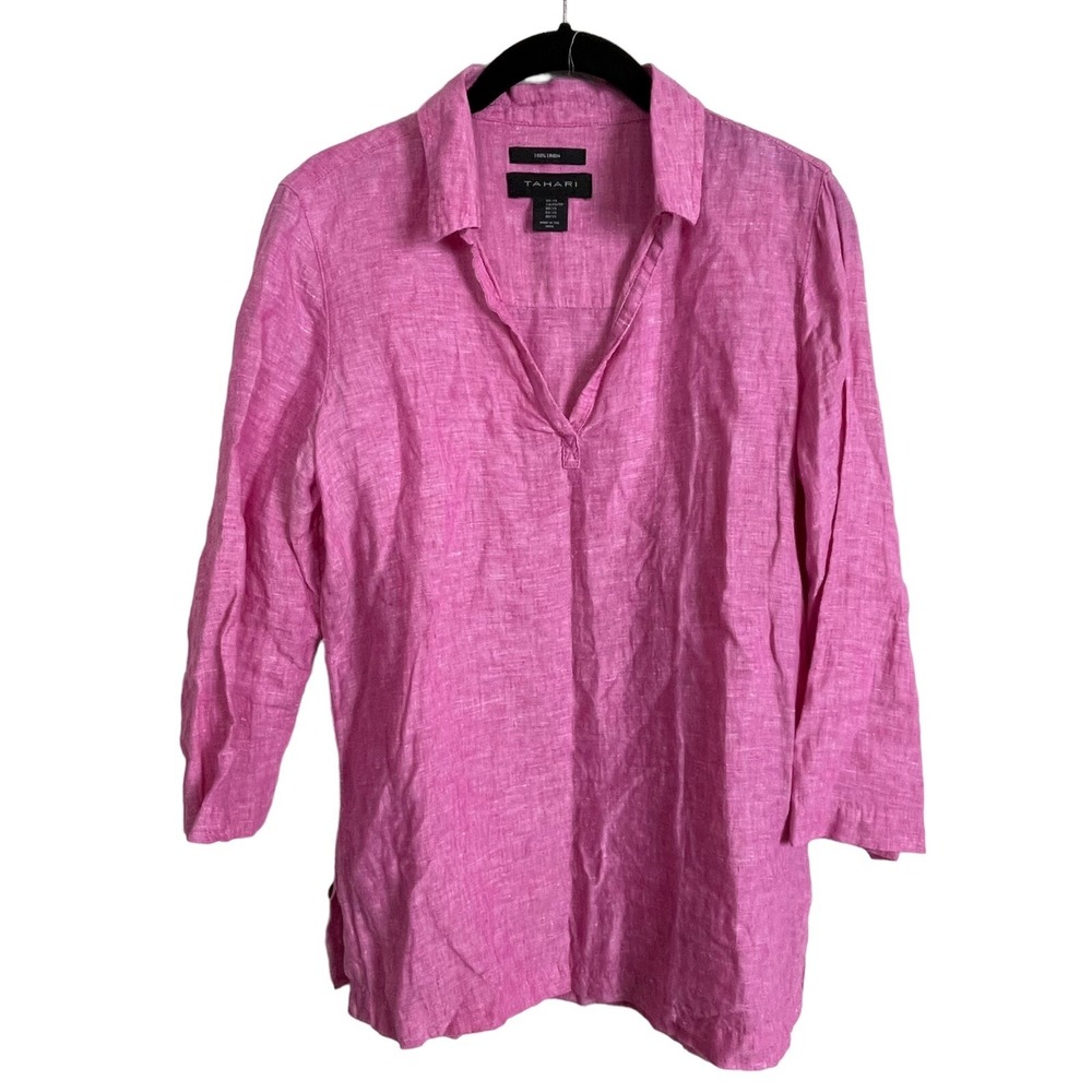 Tahari 3/4 Sleeve Split V-neck Blouse Linen Pink Size XS